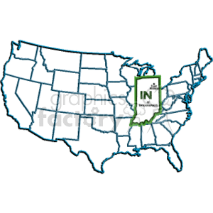 The image shows an outline map of the United States with the state of Indiana highlighted. Indiana's outline is detailed and includes a label with the state abbreviation IN and the name Indianapolis, which is the capital city of Indiana. The rest of the U.S. states are outlined but not detailed.