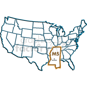 The clipart image displays a simplified map of the United States with individual states outlined. The state of Mississippi is highlighted with a contrasting color and an inset label that shows the abbreviation MS and the state capital Jackson.