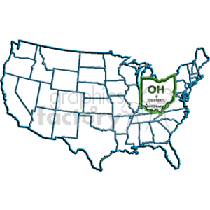 The clipart image shows an outline map of the United States with state boundaries. Highlighted on the map is the state of Ohio, marked with its postal abbreviation OH. The capital city of Ohio, Columbus, is also indicated within the state's outline.
