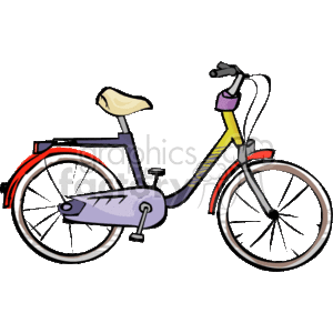 The clipart image depicts a colorful bicycle with a classic design. The bike features a tan saddle, a purple chain guard, red fenders, a black frame, yellow and red accents on the frame, black handlebars with a pink grip, and standard spoked wheels.