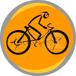 The image is a stylized illustration of a person riding a bicycle, set against an orange circular background. The design is simplistic with black lines representing the bicycle and the cyclist.