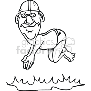 The clipart image depicts a comical and exaggerated representation of a swimmer or diver. The character is drawn with a smiling face, wearing a cap, goggles, and a swimsuit. The swimmer appears to be in a diving position, hovering over stylized waves, suggesting the moment before making a splash in the water.