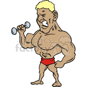   This clipart image features a comically oversized muscular character with blonde hair, gritting his teeth in effort as he lifts a small dumbbell. He