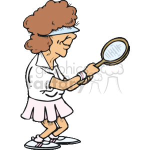   This clipart image features a comical depiction of an elderly woman prepared to play tennis. She