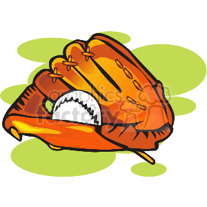 The clipart image shows a baseball nestled in a baseball glove. The glove is drawn in a cartoonish style with emphasis on the leather stitching and characteristic shapes of a baseball mitt. The background features abstract green shapes, suggestive of a playing field.
