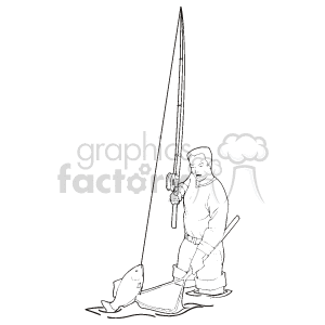This black and white clipart image shows a man with a fishing rod. He has caught a fish, and is in the process of hooking it in with his net