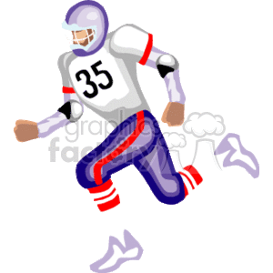 This clipart image depicts a football player in motion. He is wearing a football uniform, complete with a helmet, jersey number 35, pants with padding, and cleats. His attire is adorned with a color scheme that includes shades of gray, purple, blue, and red, and he appears to be running.