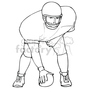 The image depicts a line art illustration of a football player in a ready stance. The player is wearing a helmet, padded shoulders, and cleats, and is holding a football in one hand.