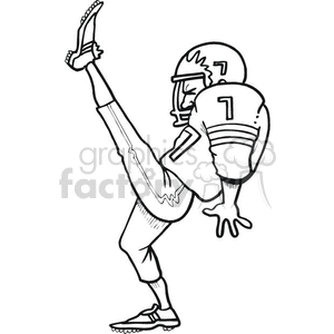   The image is a black and white clipart that depicts an American football player in the motion of executing a kick. The player is shown with one leg extended high in the air, the other planted on the ground, wearing a football helmet with the number 