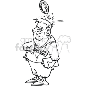The clipart image depicts a cartoon of an American football coach. The coach appears to be in a disgruntled or unhappy mood, with the outline of a frown on his face. He is wearing a sweatshirt with the word COACH written on it and holding a playbook in his hand. A football is humorously bouncing off his head, suggesting he is either distracted or perhaps just had an unfortunate mishap. Overall, the image likely aims to convey a humorous take on a coach at a football game or practice.