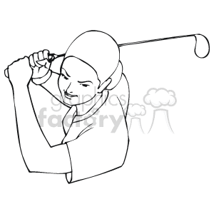 This is a black and white clipart image of a golfer in mid-swing. The golfer is depicted holding a golf club above their shoulder, likely having just hit a golf ball. The image shows the golfer focused on their form and follow-through during the swing.