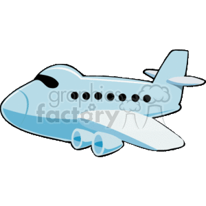 This clipart image depicts a stylized illustration of a blue airplane. The airplane has a simple, cartoon-like appearance with visible windows, wings, and landing gear.