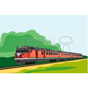   The clipart image depicts a passenger train moving on tracks through a countryside landscape. The train is comprised of several carriages, is colored red and gray, and is depicted in a side profile view. The background consists of rolling green hills and a light blue sky, indicating a clear, sunny day. There