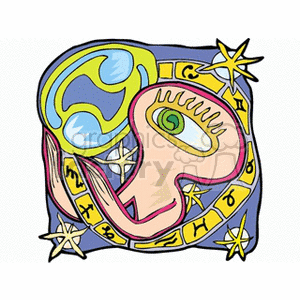 Clipart image featuring abstract representations of astrological signs Cancer and Pisces with colorful stars and a zodiac wheel.
