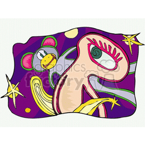 Colorful and abstract clipart image featuring a stylized monkey and a large, prominent eye with stars and cosmic elements, representing zodiac signs and horoscopes.