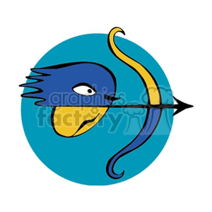 Clipart image depicting a stylized representation of a Sagittarius zodiac sign with a blue bow and arrow against a blue circular background.