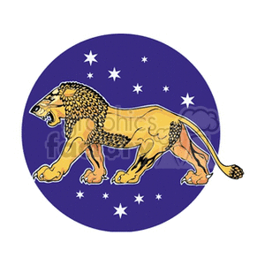 This clipart image features the zodiac sign Leo, represented by a majestic lion set against a circular dark blue background with white stars.