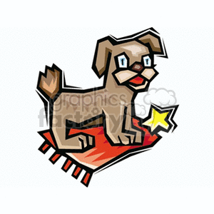 A cartoon-style clipart image of a brown dog sitting on a red rug with a star.