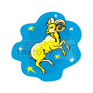 An artistic representation of the Aries zodiac sign depicted as a ram, surrounded by stars with a blue background.
