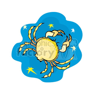 Clipart image depicting the zodiac sign Cancer, represented by a crab against a blue background with stars.