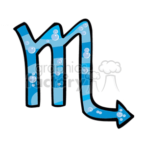 Blue clipart of the Scorpio zodiac sign, featuring a stylized 'M' with an arrowed tail and bubble decorations.