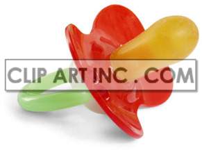 A clipart image of a baby pacifier with a green handle, red shield, and yellow nipple.