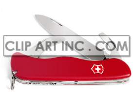 A red Swiss Army knife with an open blade, bottle opener, and sawblade.