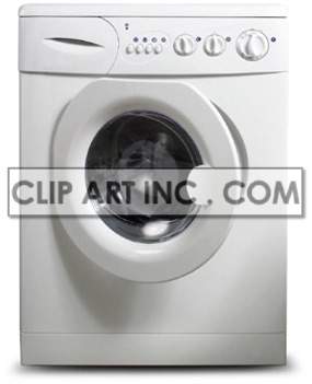 A clipart image of a white front-loading washing machine with dials and buttons.