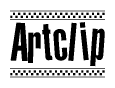 The image is a black and white clipart of the text Artclip in a bold, italicized font. The text is bordered by a dotted line on the top and bottom, and there are checkered flags positioned at both ends of the text, usually associated with racing or finishing lines.