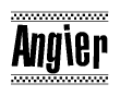   The clipart image displays the text Angier in a bold, stylized font. It is enclosed in a rectangular border with a checkerboard pattern running below and above the text, similar to a finish line in racing.  