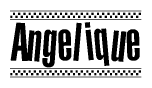 The image contains the text Angelique in a bold, stylized font, with a checkered flag pattern bordering the top and bottom of the text.