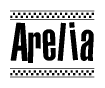 The image is a black and white clipart of the text Arelia in a bold, italicized font. The text is bordered by a dotted line on the top and bottom, and there are checkered flags positioned at both ends of the text, usually associated with racing or finishing lines.