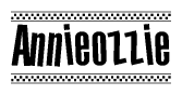 The image is a black and white clipart of the text Annieozzie in a bold, italicized font. The text is bordered by a dotted line on the top and bottom, and there are checkered flags positioned at both ends of the text, usually associated with racing or finishing lines.
