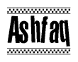 The image contains the text Ashfaq in a bold, stylized font, with a checkered flag pattern bordering the top and bottom of the text.