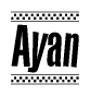 The image contains the text Ayan in a bold, stylized font, with a checkered flag pattern bordering the top and bottom of the text.