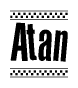 The image contains the text Atan in a bold, stylized font, with a checkered flag pattern bordering the top and bottom of the text.