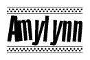 The image is a black and white clipart of the text Amylynn in a bold, italicized font. The text is bordered by a dotted line on the top and bottom, and there are checkered flags positioned at both ends of the text, usually associated with racing or finishing lines.