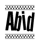 The image is a black and white clipart of the text Abid in a bold, italicized font. The text is bordered by a dotted line on the top and bottom, and there are checkered flags positioned at both ends of the text, usually associated with racing or finishing lines.