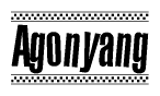 The image contains the text Agonyang in a bold, stylized font, with a checkered flag pattern bordering the top and bottom of the text.