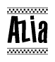 The image is a black and white clipart of the text Azia in a bold, italicized font. The text is bordered by a dotted line on the top and bottom, and there are checkered flags positioned at both ends of the text, usually associated with racing or finishing lines.