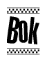 The clipart image displays the text Bok in a bold, stylized font. It is enclosed in a rectangular border with a checkerboard pattern running below and above the text, similar to a finish line in racing. 