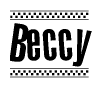 The clipart image displays the text Beccy in a bold, stylized font. It is enclosed in a rectangular border with a checkerboard pattern running below and above the text, similar to a finish line in racing. 
