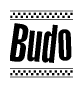 The clipart image displays the text Budo in a bold, stylized font. It is enclosed in a rectangular border with a checkerboard pattern running below and above the text, similar to a finish line in racing. 