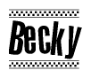 The image contains the text Becky in a bold, stylized font, with a checkered flag pattern bordering the top and bottom of the text.