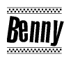 The image contains the text Benny in a bold, stylized font, with a checkered flag pattern bordering the top and bottom of the text.