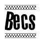 The image is a black and white clipart of the text Becs in a bold, italicized font. The text is bordered by a dotted line on the top and bottom, and there are checkered flags positioned at both ends of the text, usually associated with racing or finishing lines.