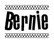 The image is a black and white clipart of the text Bernie in a bold, italicized font. The text is bordered by a dotted line on the top and bottom, and there are checkered flags positioned at both ends of the text, usually associated with racing or finishing lines.