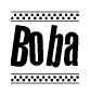 The image is a black and white clipart of the text Boba in a bold, italicized font. The text is bordered by a dotted line on the top and bottom, and there are checkered flags positioned at both ends of the text, usually associated with racing or finishing lines.