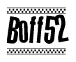 The image is a black and white clipart of the text Boff52 in a bold, italicized font. The text is bordered by a dotted line on the top and bottom, and there are checkered flags positioned at both ends of the text, usually associated with racing or finishing lines.