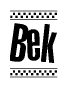 The image is a black and white clipart of the text Bek in a bold, italicized font. The text is bordered by a dotted line on the top and bottom, and there are checkered flags positioned at both ends of the text, usually associated with racing or finishing lines.